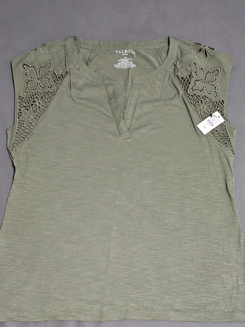 Talbots Olive Lace-Shoulder Split-Neck Tank